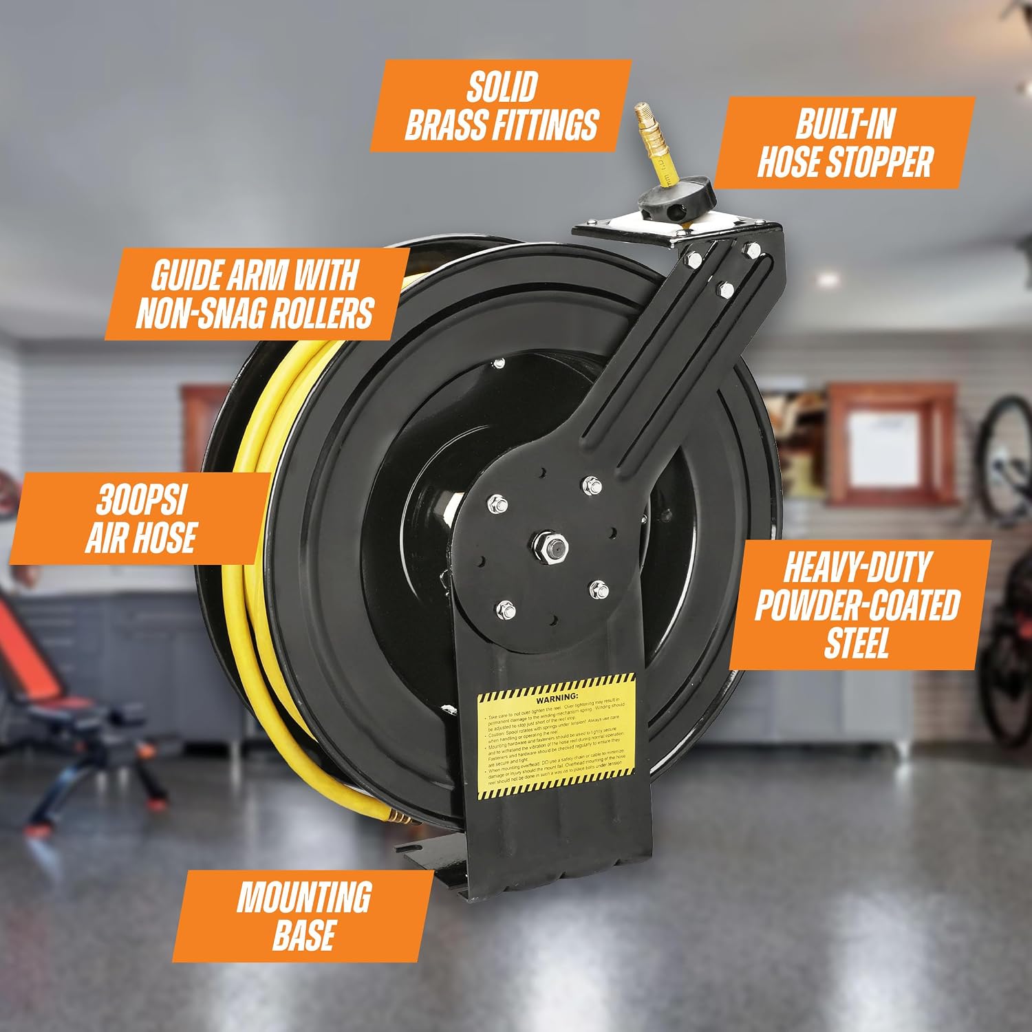 100-FT Retractable Air Hose Reel – 300 PSI Heavy-Duty Air Compressor Hose and Reel, Air Hose Auto-Rewind Design, Wall