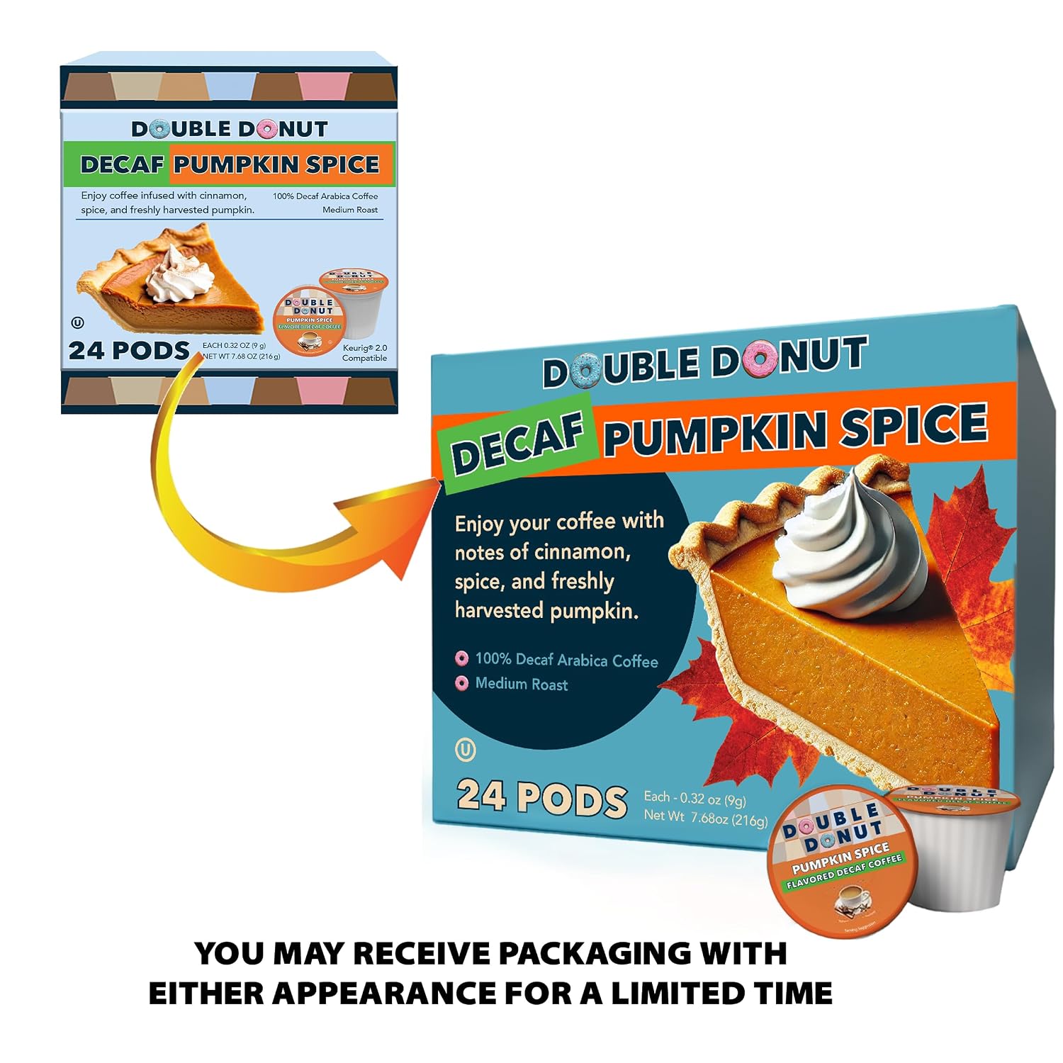 Double Donut Coffee Double Donut Medium Roast Decaf Coffee Pods, Classic, for Keurig K-Cup Machines, 24 Single-Serve Capsules per Box