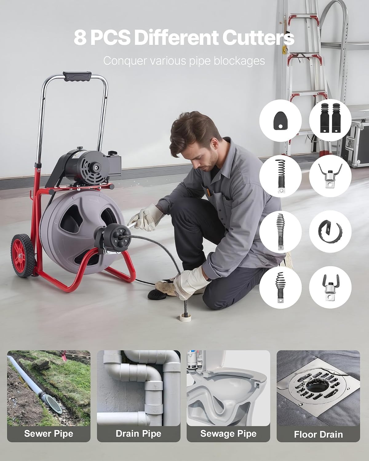 VEVOR Drain Cleaner Machine 100 FT x 1/2 Inch, Auto Feed Sewer Snake Drain Auger on Wheels, Portable Drain Cleaning Machine with 8 Cutters & Air-Activated Foot Switch for 2" to 6" Pipes