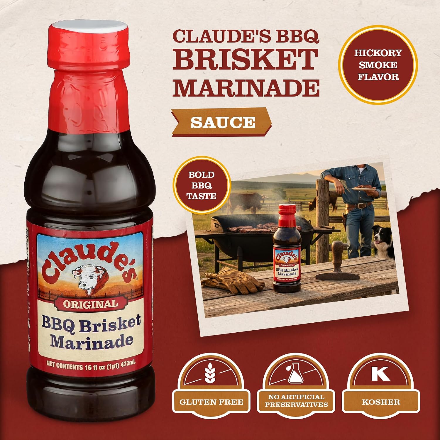 Claude's BBQ Brisket Marinade Sauce, Gluten Free Texas Style, 128 oz | Restaurant-size gallon of smoky Texas tenderizing brisket marinade - all natural & gluten free.