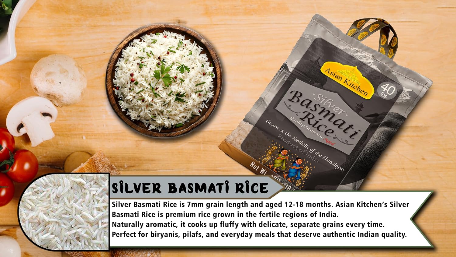 Asian Kitchen Platinum White Basmati Rice Extra Long Aged 20lbs (9.08kg) ~ All Natural | Gluten Friendly | Vegan | Indian Origin | Export Quality