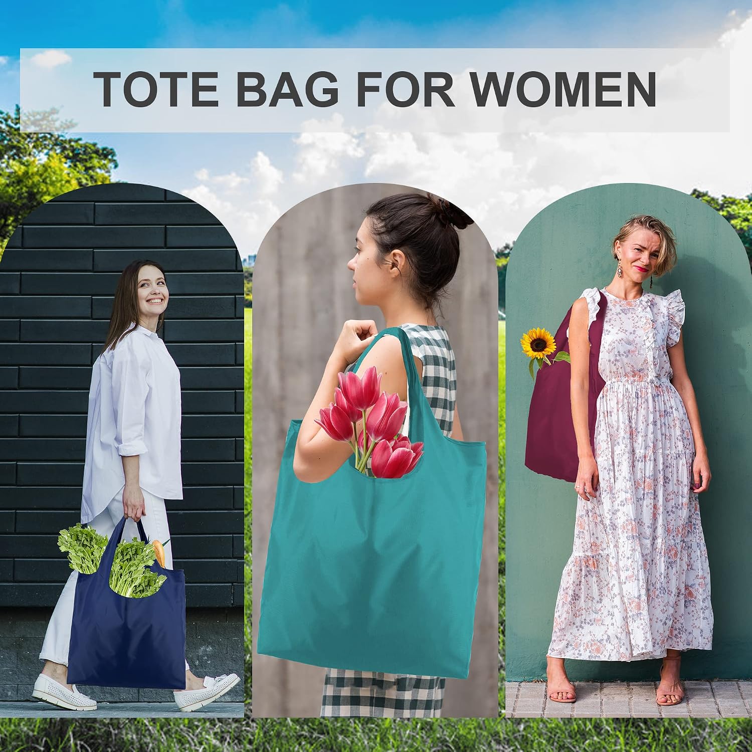BeeGreen Grocery Bags | Reusable Gift Bags, Large Tote for Women & Foldable Beach Bag - 6 Pack Reusable Bag With Handles | Collapsible Cute Cloth Storage for Market, Holiday & Shopping | Washable​