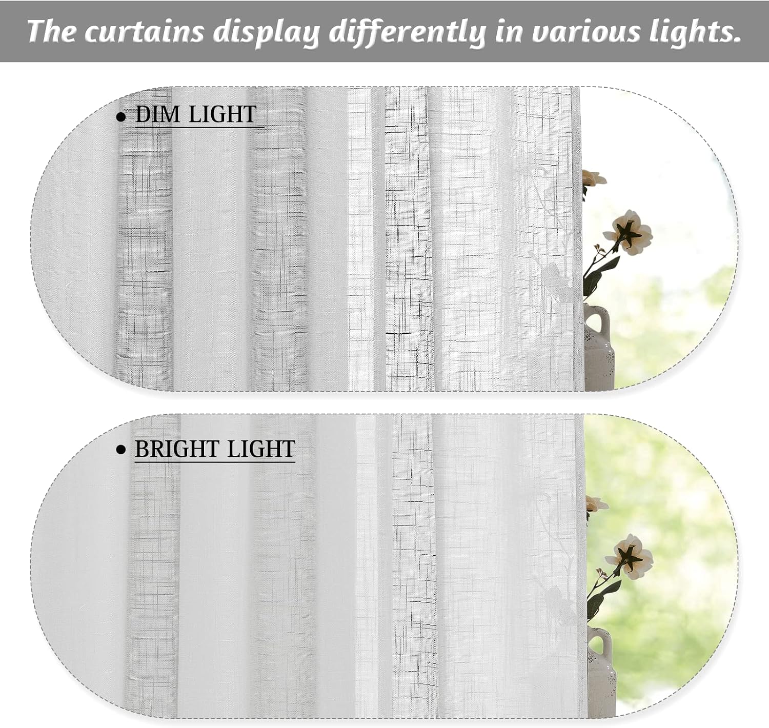 RYB HOME Linen Sheer Curtains - Linen Textured Semi Sheer Curtains for Kids Nursery Bedroom Living Room Window
