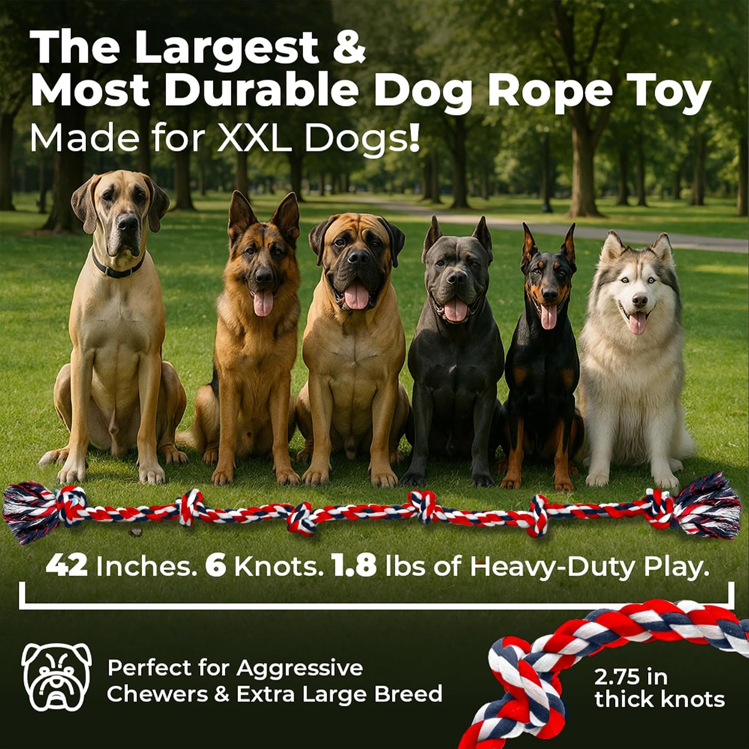 Pacific Pups Products Giant Dog Rope Toy, 42 Inch Tug of War Rope, Green