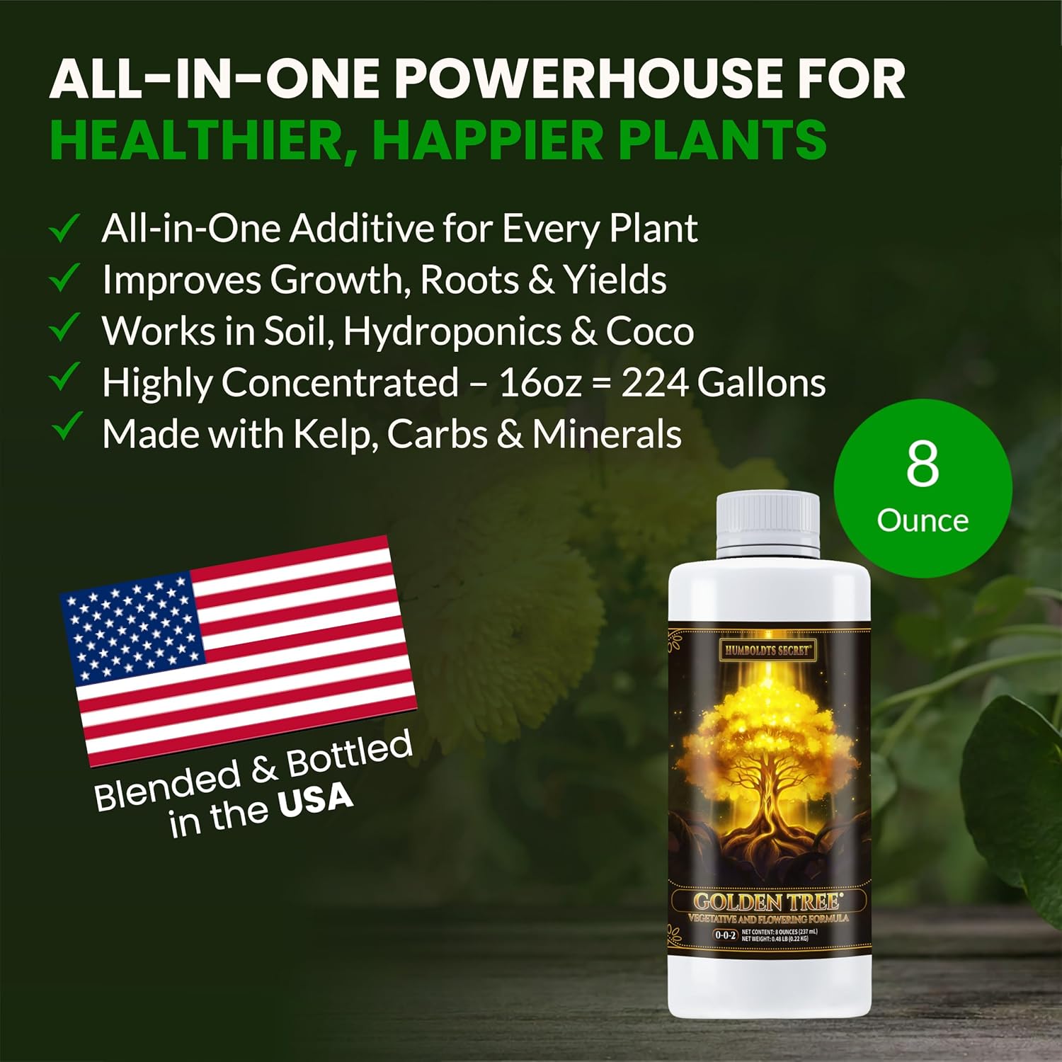 Humboldts Secret Golden Tree Liquid Plant Food | Enhances Growth Indoors or Outdoors | All-in-One Plant Nutrients for Vegetables, Trees, Flowers, Fruits, Roses, Lawns, Tomatoes | 16 Ounce