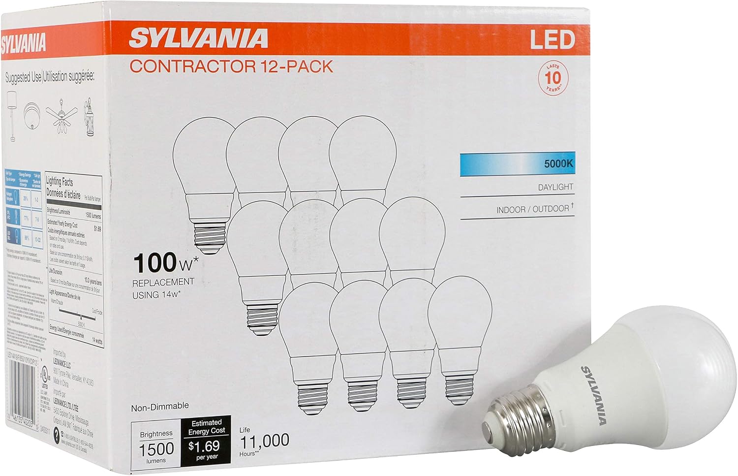 Sylvania LED A19 Light Bulb, 100W = 14W, Non-Dimmable, Frosted Finish, 1500 Lumens, 2700K, Soft White - 4 Pack (78101)