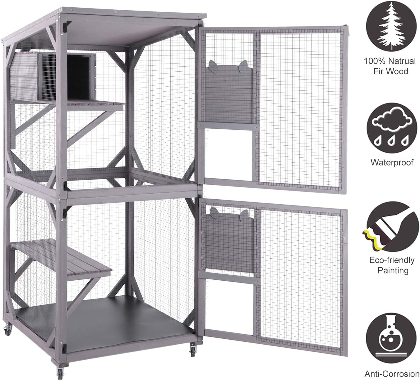 Aivituvin Cat House Outdoor Cat Catio Wooden Large Enclosure with Run on Wheels 70.9" Upgraded Version Catio with Reinforcement Strip