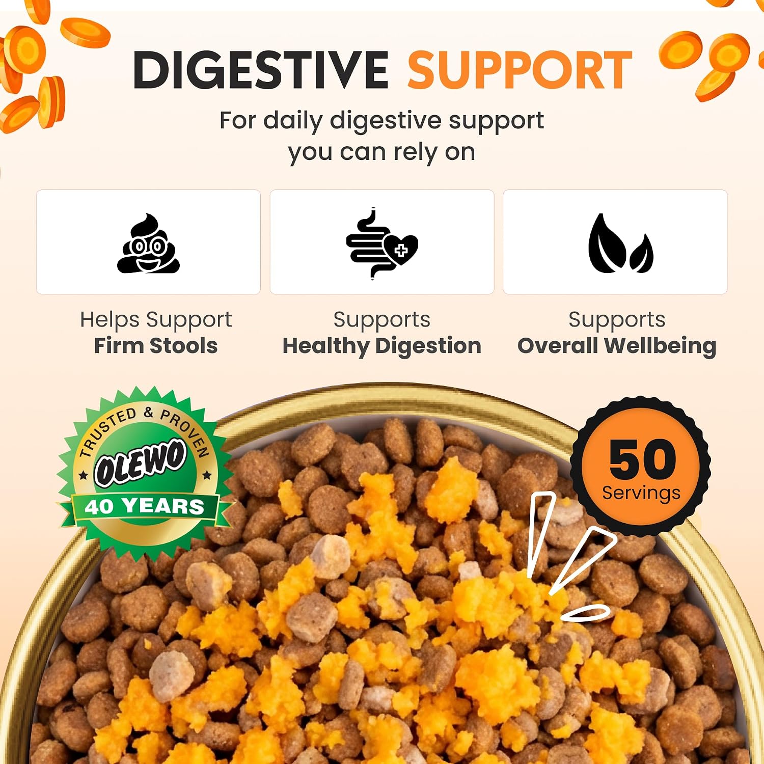 Olewo Carrots Dog Food Topper for Digestive Support & Firm Stools, 1 lb | Real-food digestive support. Whole-food alternative to powders, blends & synthetic supplements. Made in Germany.