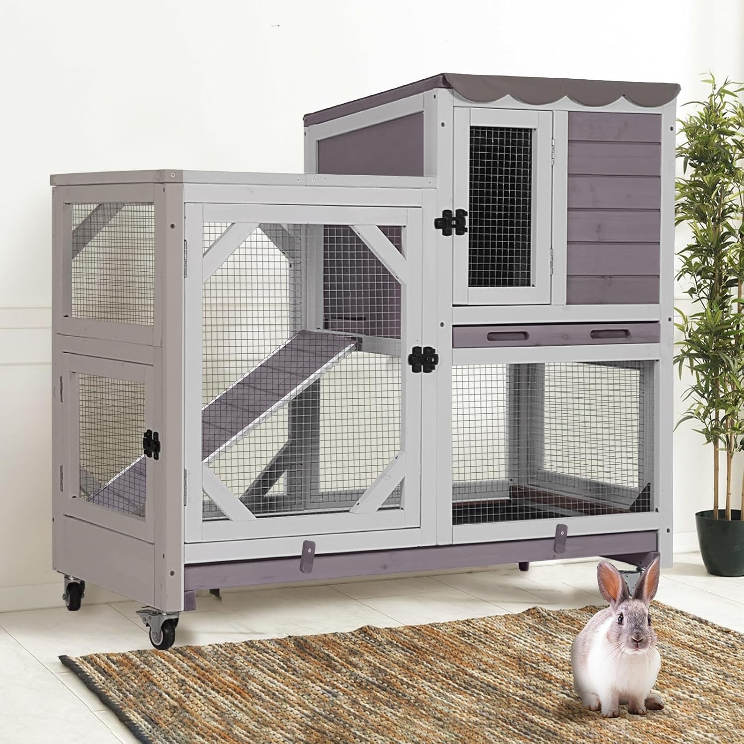 Indoor Rabbit Bunny Hutch Outdoor, Guinea Pig Cages with Removable Bottom Wire Netting - Easy Clean