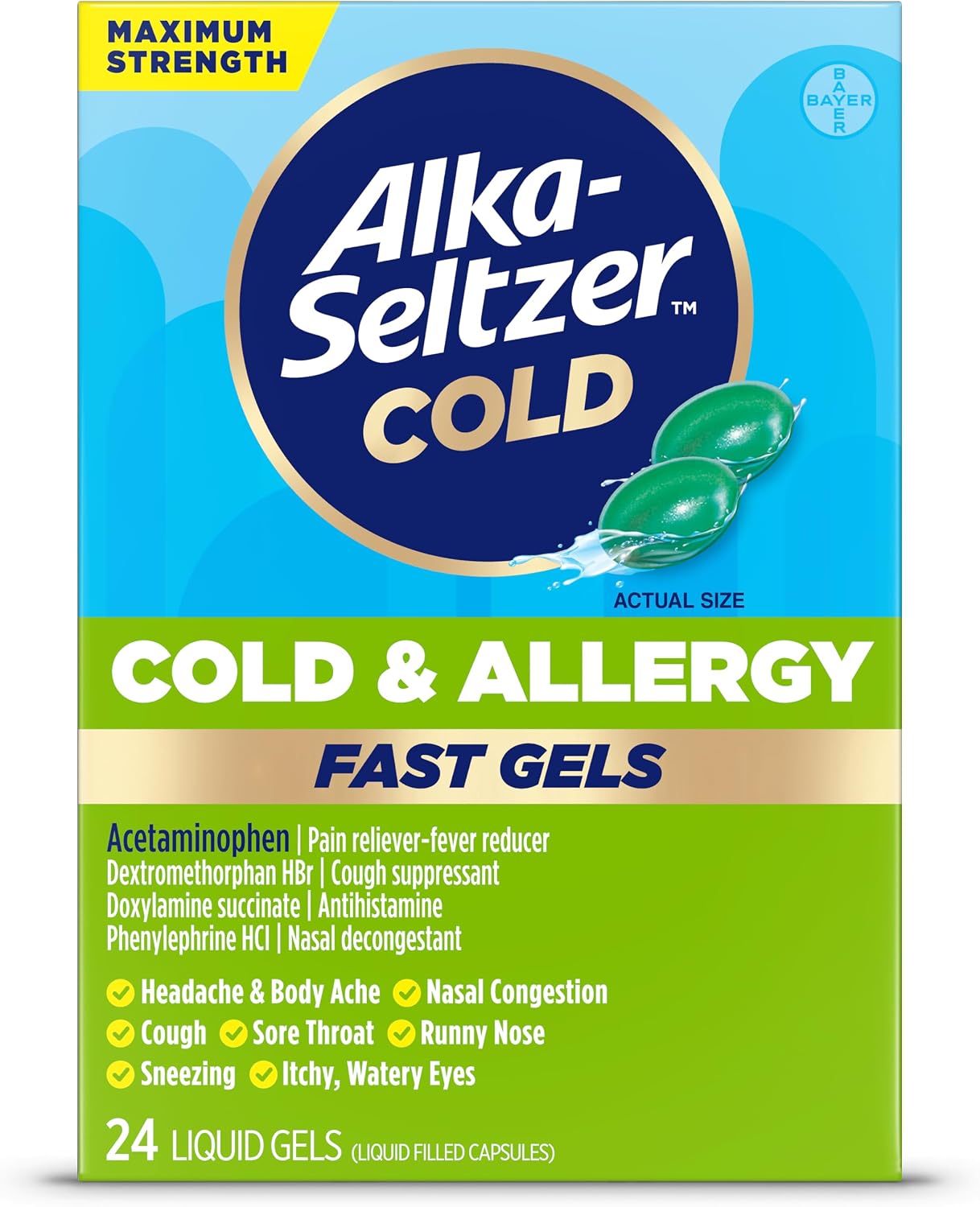 Alka-Seltzer Cold, Cold & Allergy Max Strength Fast Gels, Allergy Medicine, Multi-Symptom Relief, Body Aches and Pains, Congestion Relief