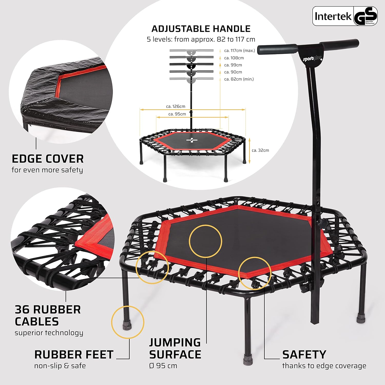 SportPlus+ Indoor Trampoline, Blue/Green/Red, Rebounder Home Fitness Trampoline with Height Adjustable Bar