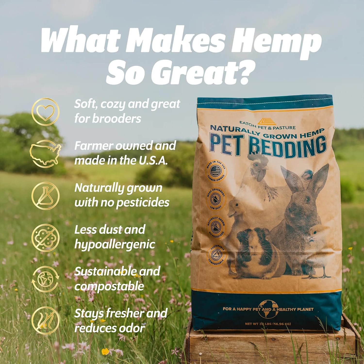 Eaton Pet and Pasture USA-Grown Hemp Bedding for Chickens & Rabbits, 8 Lbs