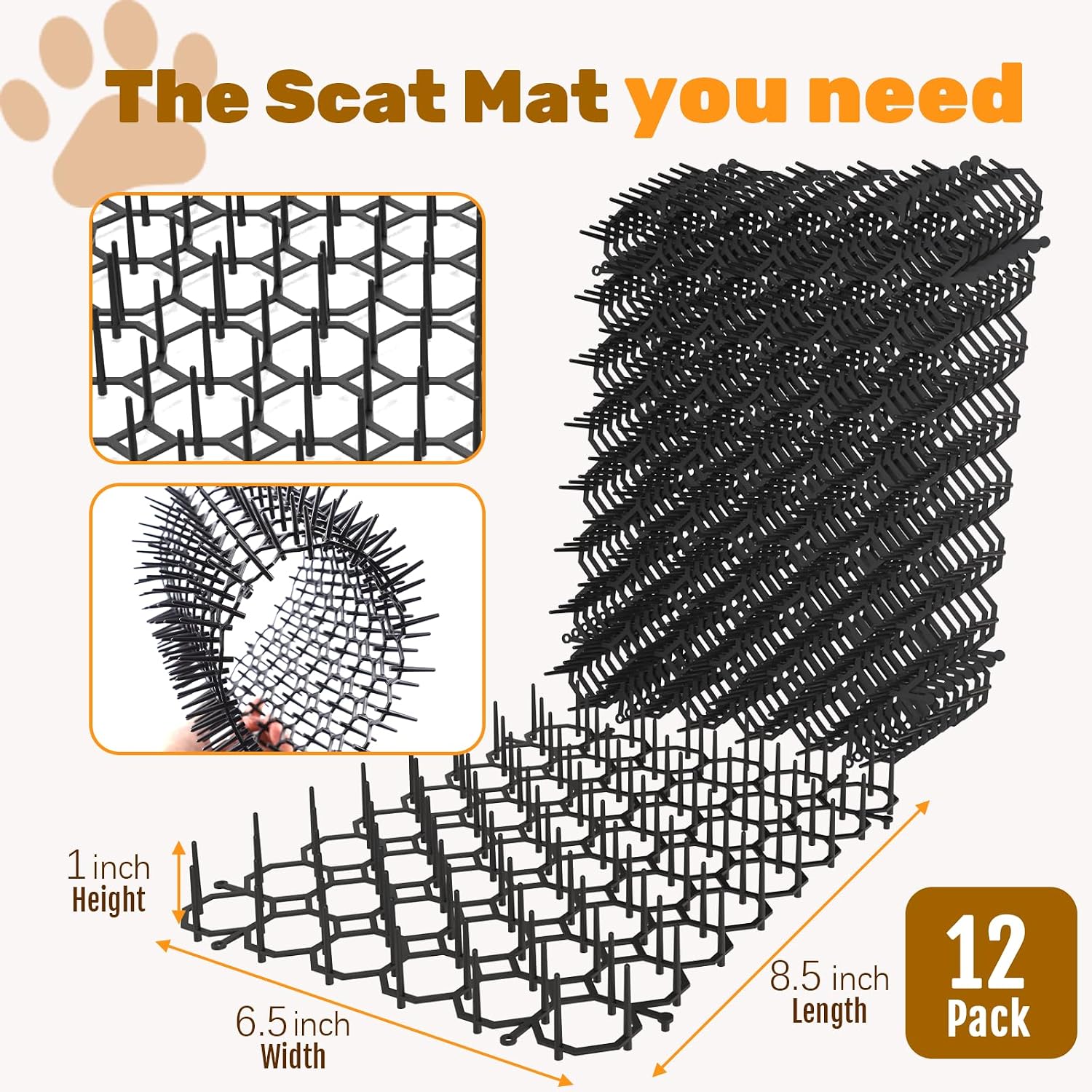 8.5 X 6.5 Inch Scat Mat for Cats with 12 Garden Staples & 12 Ties, 24 Pack Cat Deterrent Mat for Garden Fence & Animal Barrier
