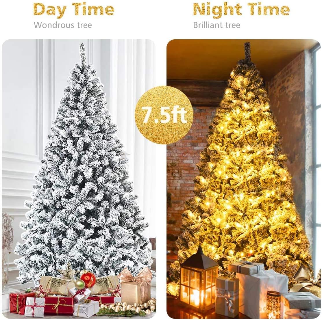 ReunionG 7.5FT Snow Christmas Tree, Artificial Flocked Hinged Pine Tree, Holiday Decoration Tree with Premium PVC Needles and Solid Metal Stand