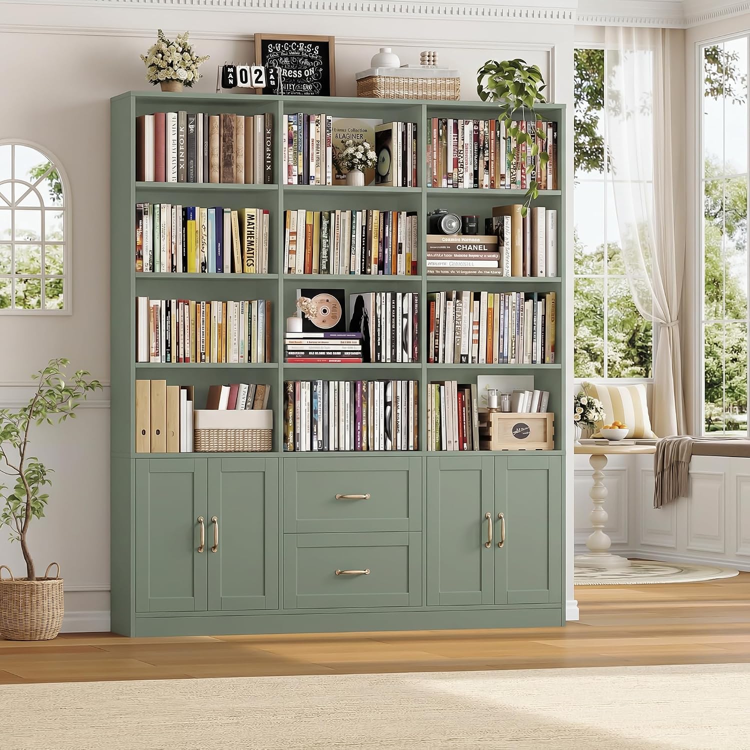 HOSTACK 71" Tall Triple Wide Bookshelf with Storage Drawers & Doors, Green | Large Bookcase with Cabinet, Modern 6-Tier Open Display Shelves, Wood Book Shelf for Living Room, Home Office