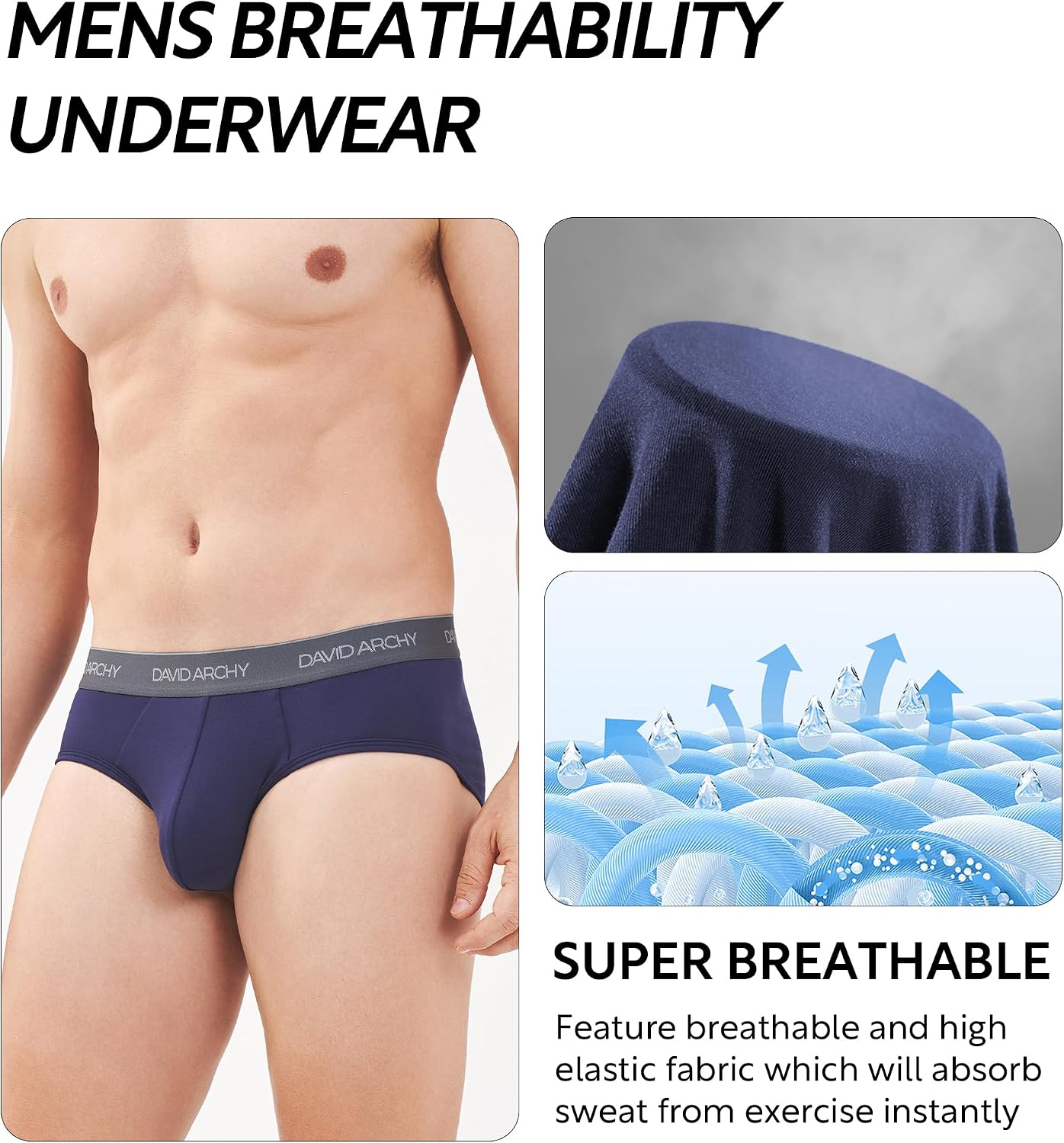 DAVID ARCHY Men's Breathable Support Pouch Underwear Briefs 4 or 7 Pack | Cooling moisture-wicking no-fly Rayon made from bamboo features anti-roll elastic waistbands and vibrant fade resistance.