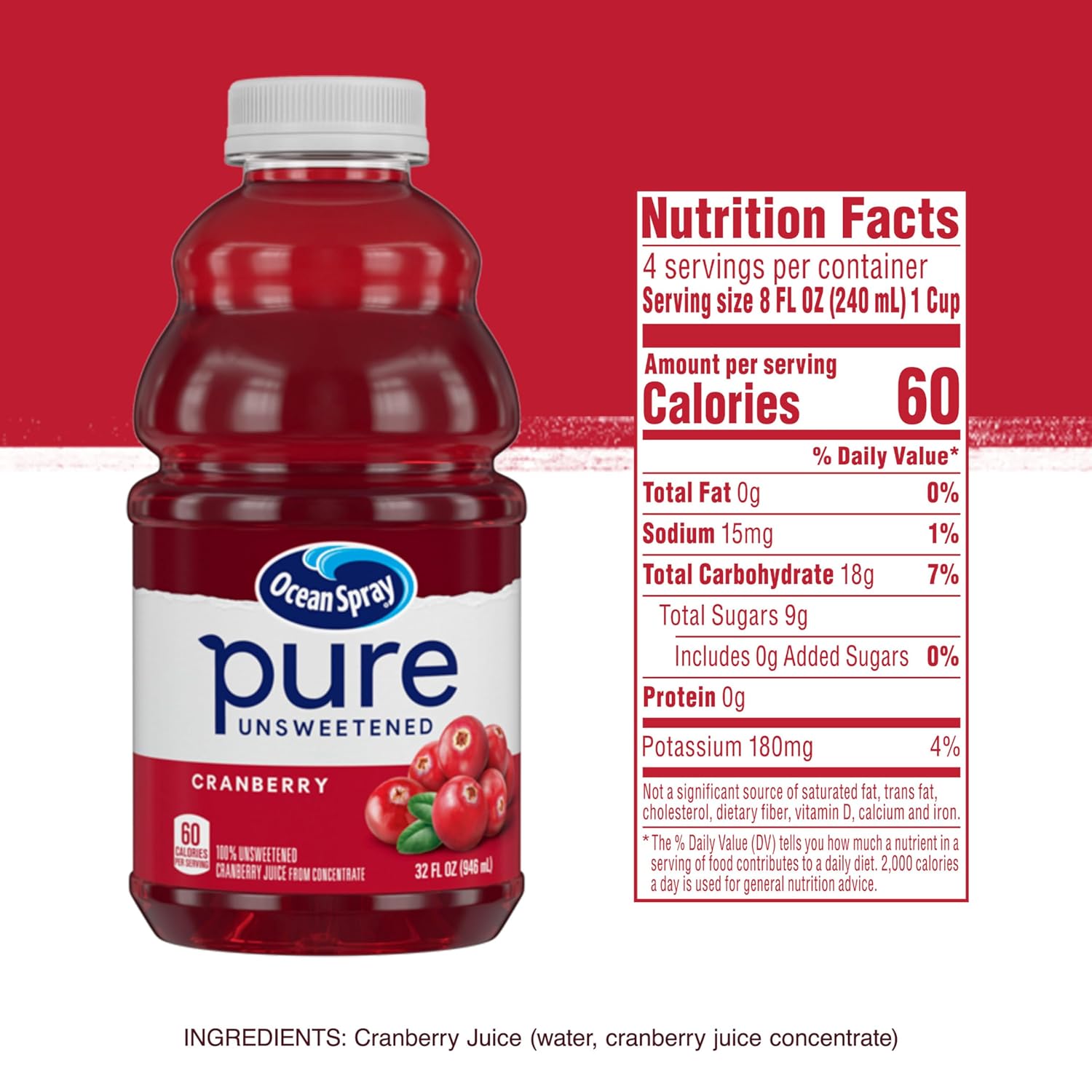 Ocean Spray® Pure Unsweetened Cranberry, 100% Cranberry Juice From Concentrate, 32 Fl Oz Bottle (Pack of 8)