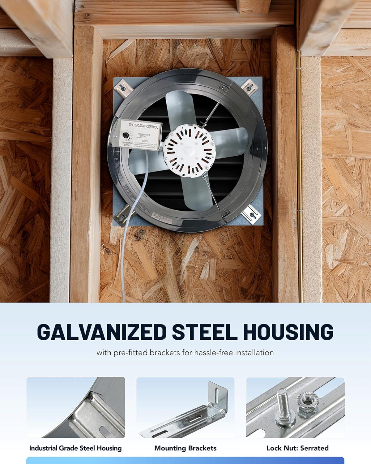 iLiving ILG8G14-12T Automatic Gable Mount Attic Ventilator Fan with Adjustable Thermostat, 2.85 Amp, 2339 CFM, Single-Speed | Automatic