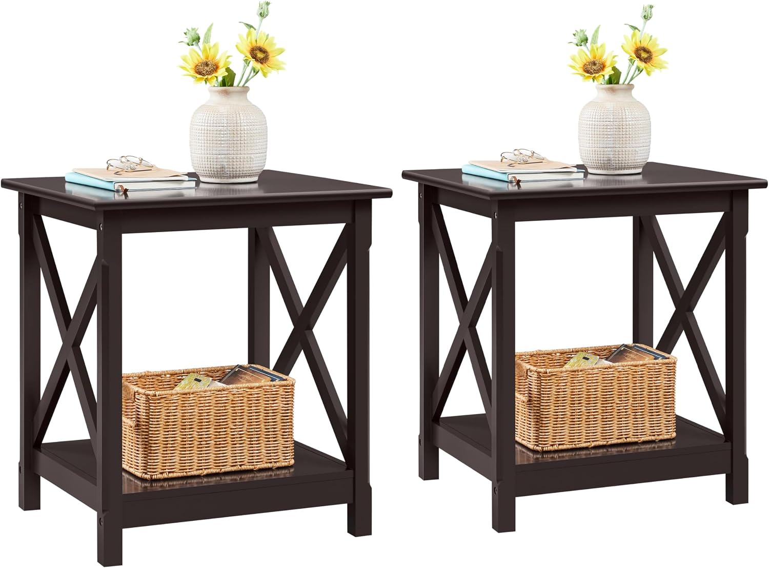 Yaheetech X-Side Frame End Table with 2-Tier Storage Shelf, Espresso