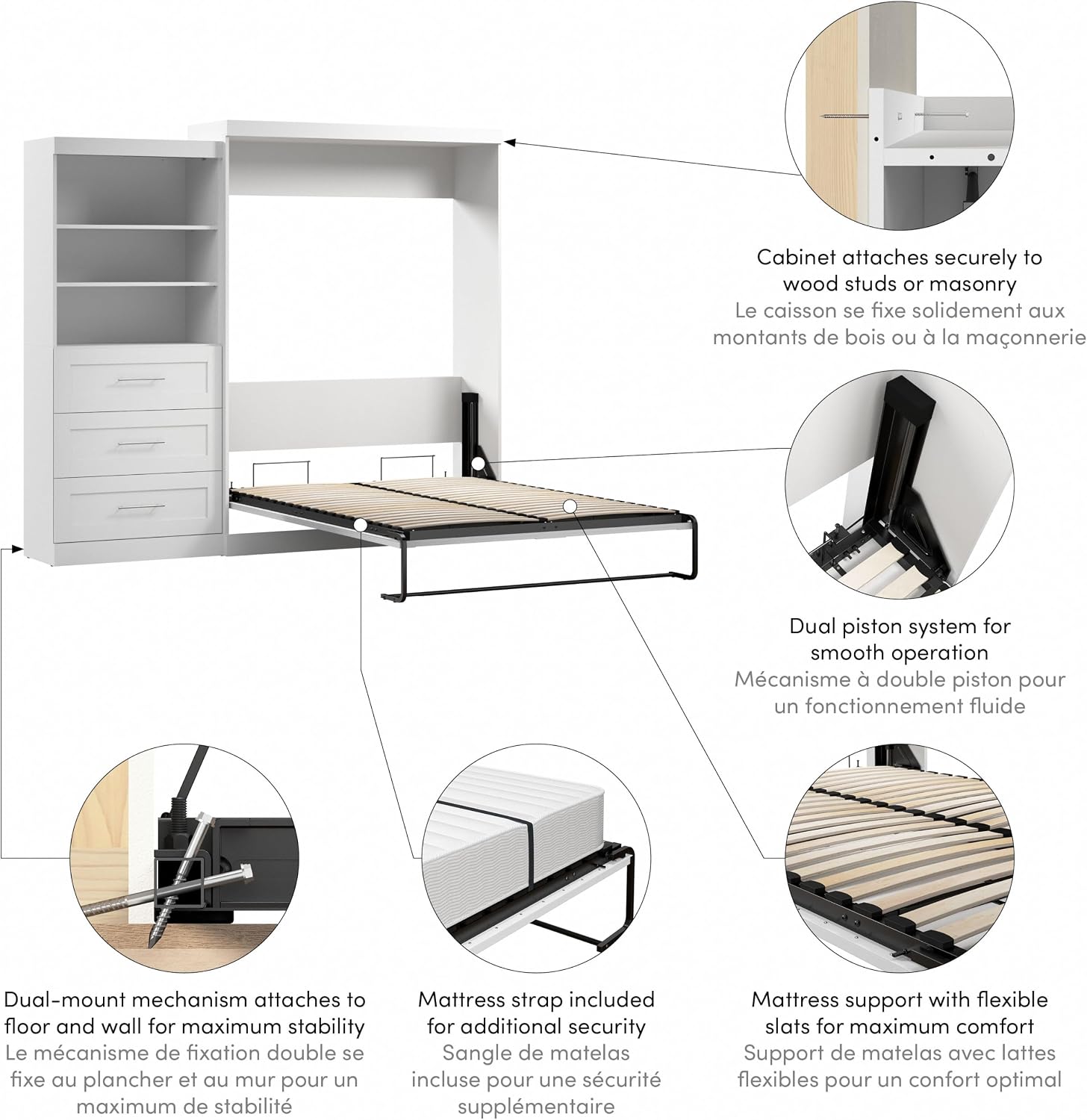 BESTAR Pur Murphy, Space-Saving Wall Bed for Multipurpose Room, Queen, White | Supports up to 1000 lb, min. ceiling height 91.1 in.