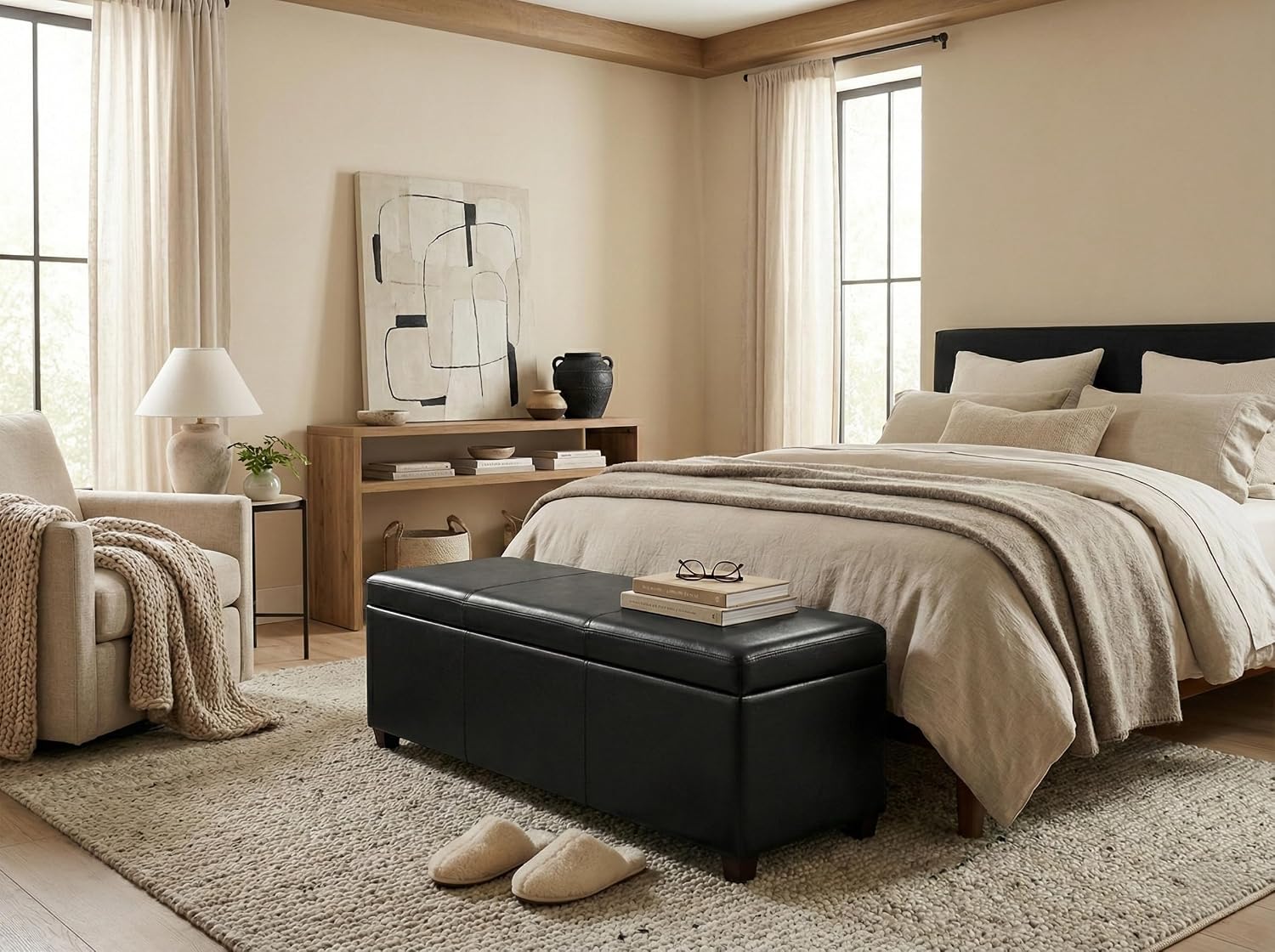 SIMPLIHOME Avalon 54" Wide Vegan Leather Storage Ottoman in Tanners Brown