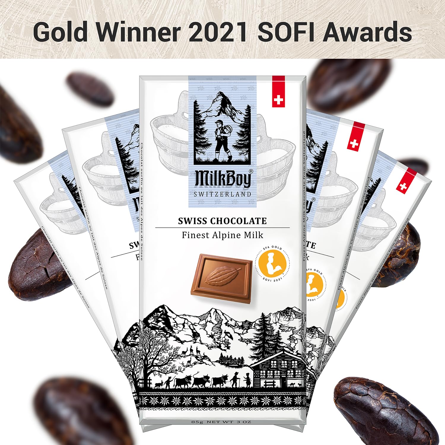 MilkBoy Swiss Chocolates Alpine Milk Chocolate Bars - 3 oz, 5 Pack | Premium gourmet treat with creamy milk. Rainforest Alliance certified cocoa. Gluten free. Kosher. Crafted in Switzerland.
