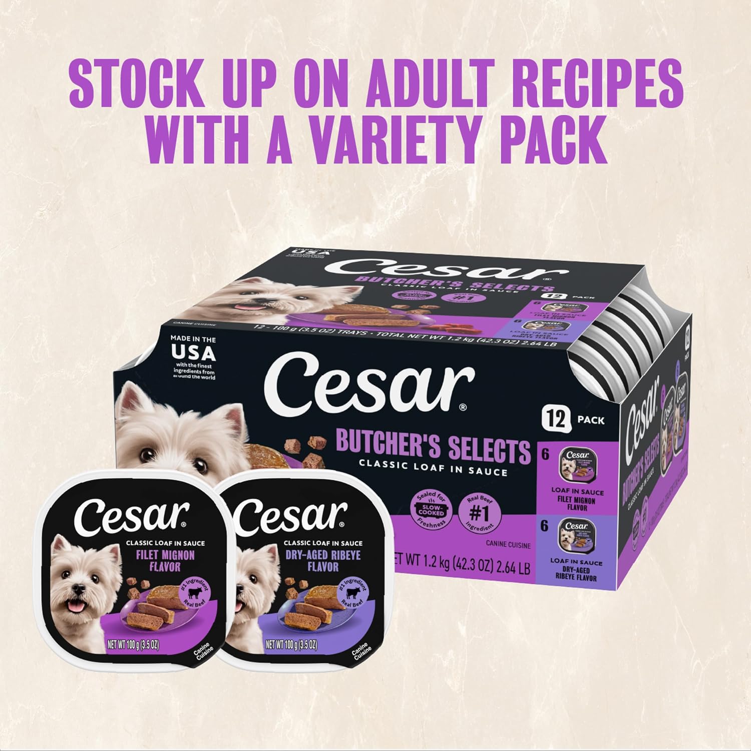 Cesar Classic Loaf Wet Dog Food, Meaty Selects, 3.5 oz, 12 Count, 2-Pack | Made in USA, Filet Mignon & Porterhouse Steak flavors, real beef #1 ingredient, no artificial flavors, easy peel trays