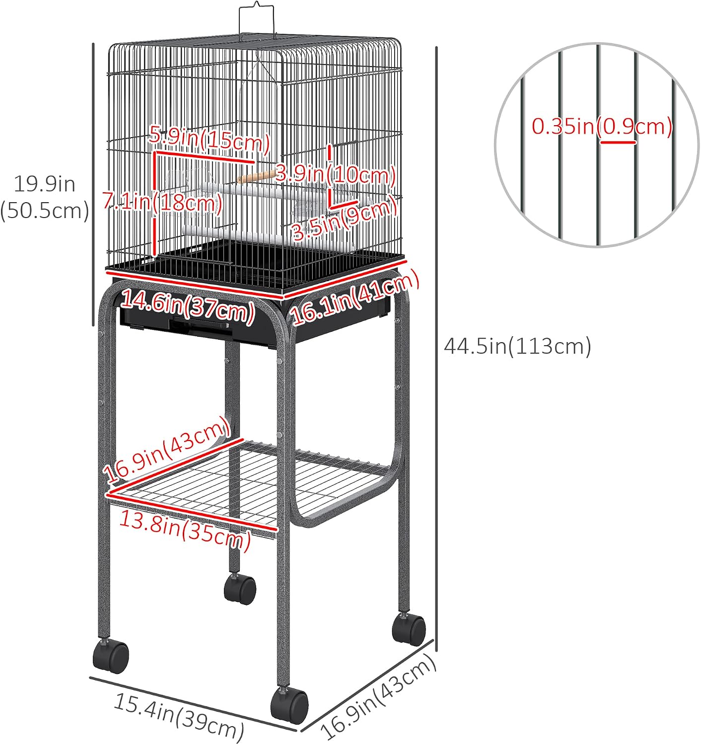 Pawhut 45-inch Metal Indoor Bird Cage, Parrot Cage, Bird Aviary with Detachable Rolling Stand, Storage Basket, and Accessories - Black | Parrot Cage