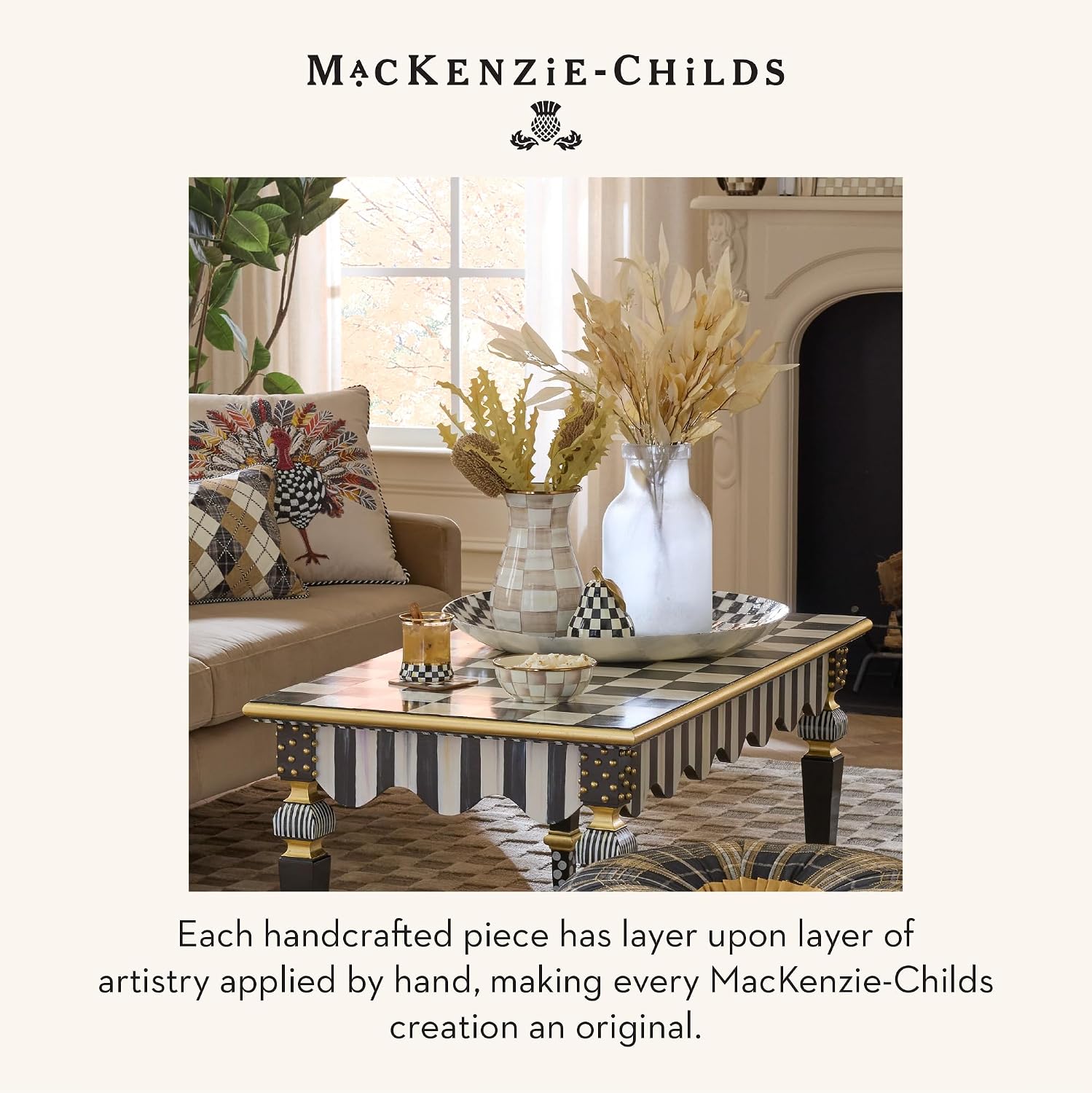 MACKENZIE-CHILDS Square Coasters Set, Black-and-White Courtly Check | Hand-painted design, made from MDF with a cork back, table coasters for drinks, 4" square, set of 4