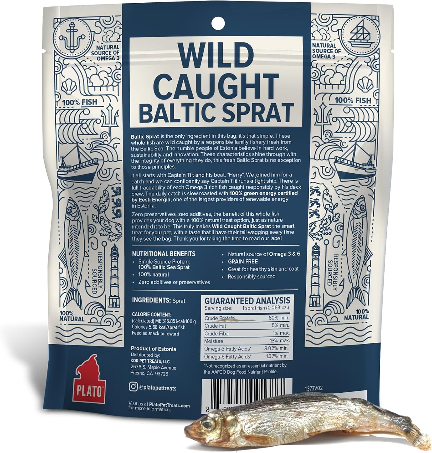PLATO Single Ingredient Wild-Caught Baltic Sprat Dog Treats, Air-Dried Whole Fish, Omega-Rich Skin & Coat Support, 3 oz