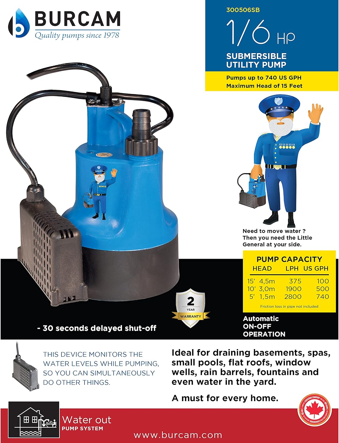 BURCAM 300506SB 1/6HP Automatic Submersible Utility Pump