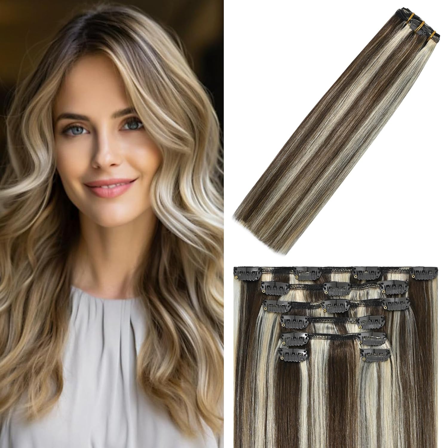 WindTouch Clip In Hair Extensions Human Hair Mixed Bleach Blonde 18Inch 75g Hair Extensions for Women Remy Blonde Extensions Clip in #18p613 7PCS
