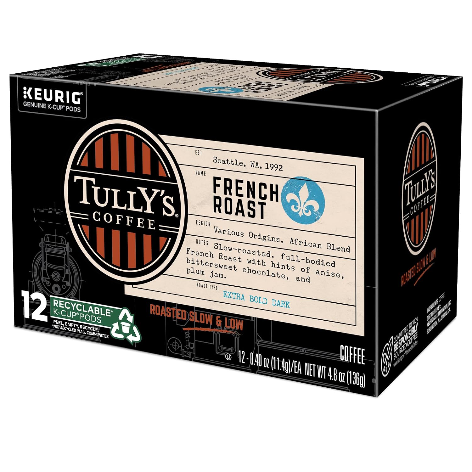 Tully's Coffee Hawaiian Blend Keurig Single-Serve K-Cup Pods, Medium Roast Coffee, 96 Count