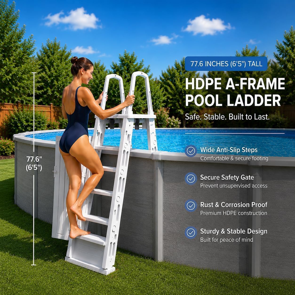 XtremepouwerUS Deluxe Incline Above Ground in-Pool Swimming Pool Ladder Pool Step Adjustable Ladder, White