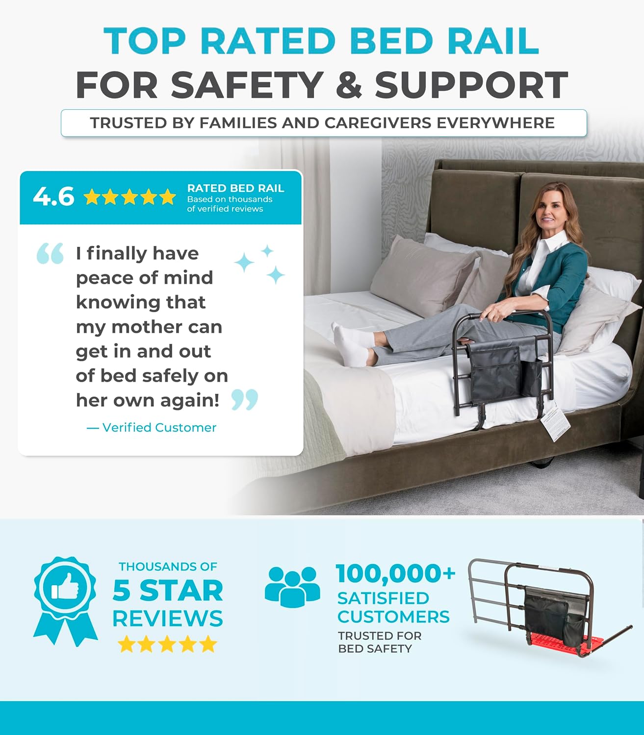 Stander EZ Adjust Bed Rail, Adjustable Senior Bedrail and Safety Assist Railing for Elderly Adults with Organizer Pouch