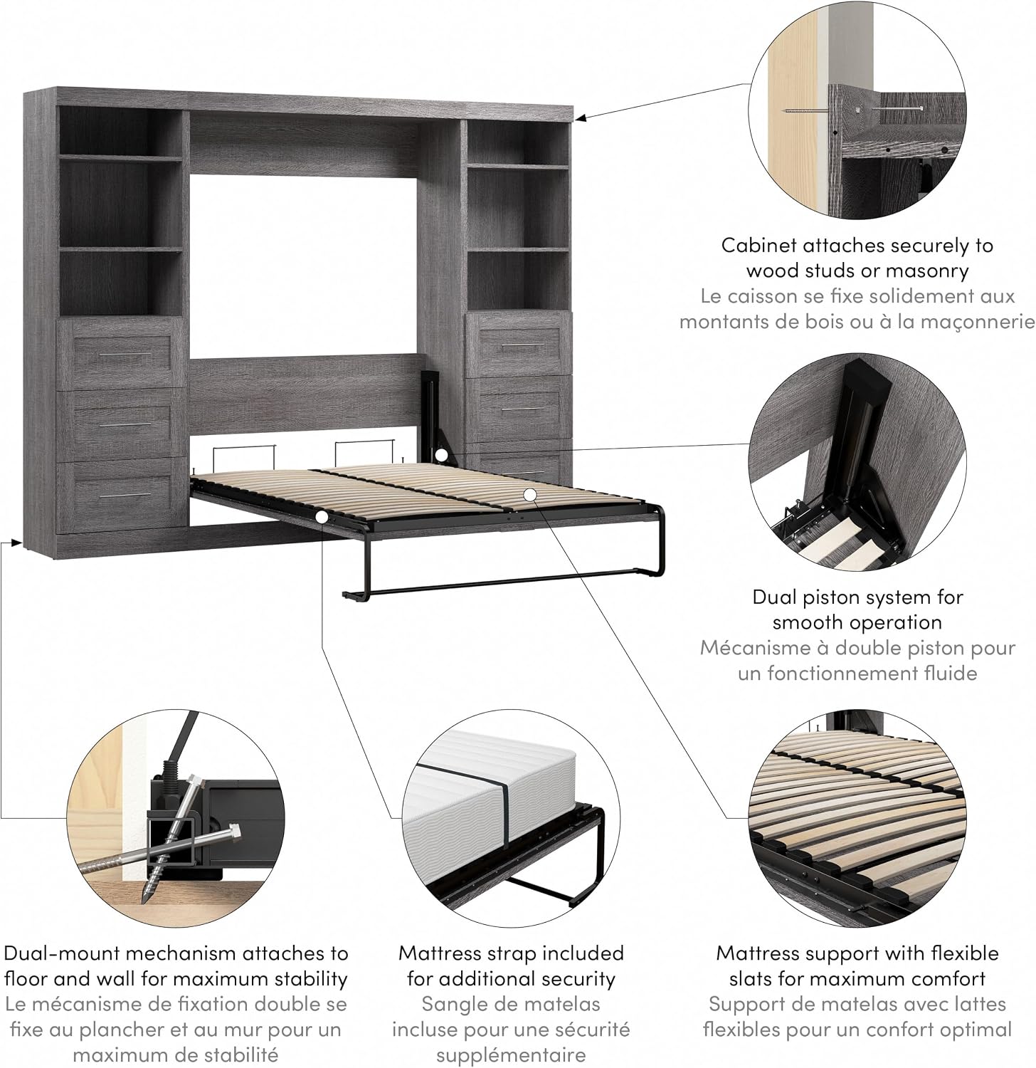 Bestar Pur Full Murphy Bed and 2 Shelving Units with Drawers, 109-inch Space-Saving Sleeping Arrangement in White | 2 Shelving Units with Drawers; supports up to 1000 lb; min. ceiling height 86.4 in.; dual piston mechanism; 10-year warranty