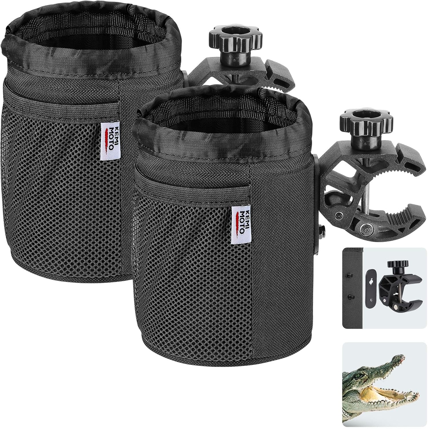 KEMIMOTO Motorcycle Cup Holder, Oxford Fabric Motorcycle Drink Holder with 0.6"-1.5" Alligator Clamp, Universal Water Bottle Cup Accessories for Bike