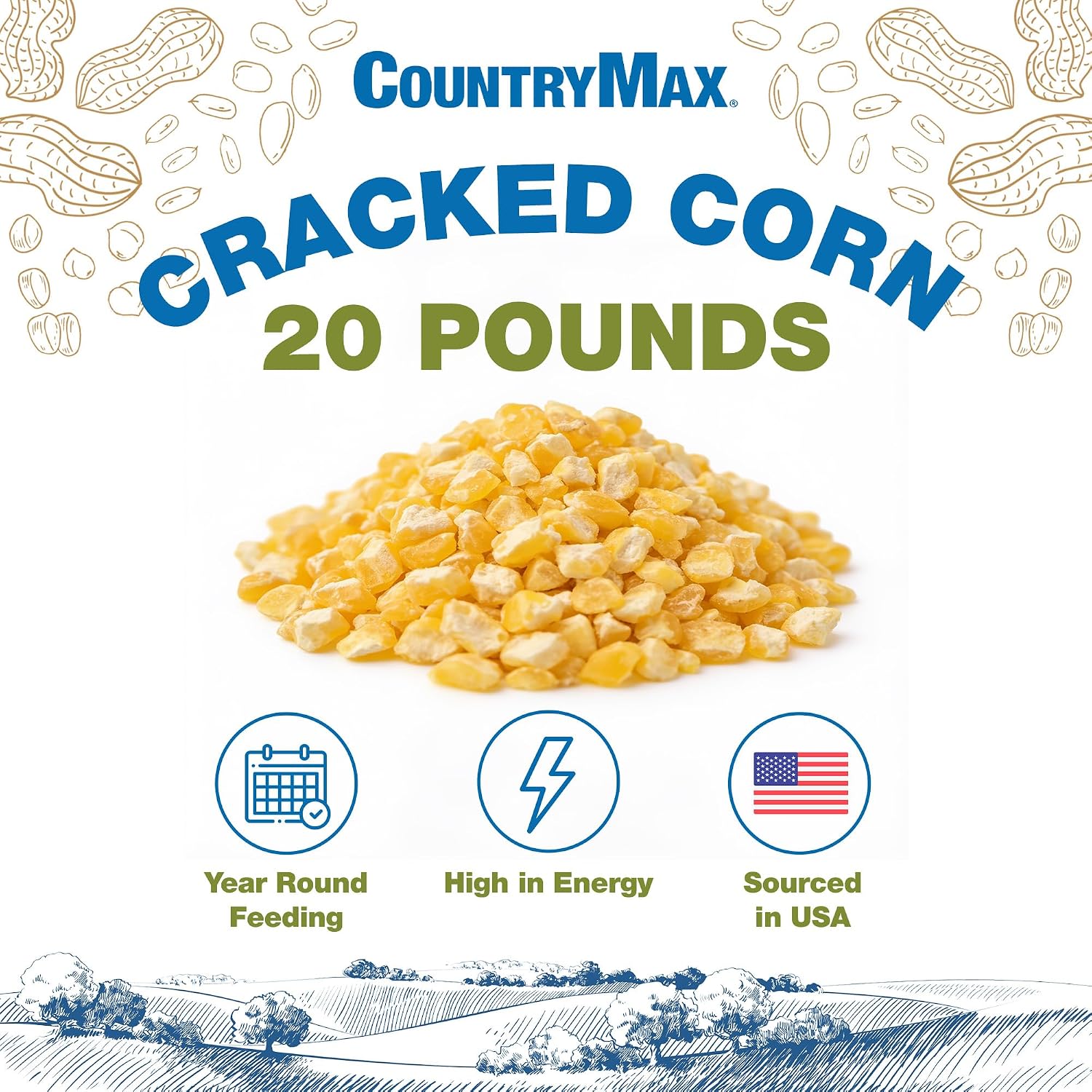 CountryMax 50LB Cracked Corn Chicken Feed, for Birds, Deer, Squirrels | High Energy, USA Sourced, Year-Round Feeding for Poultry, Wildlife, Birds. For Ground Feeding or Bird Feeders