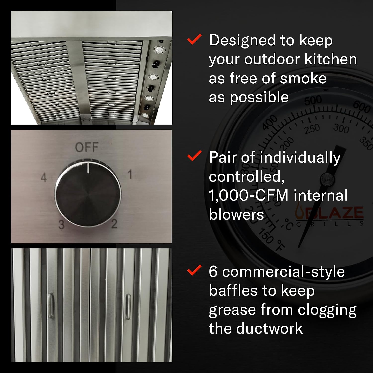 Blaze 42-Inch Outdoor Vent Hood | 304 Stainless Steel Construction | Dual 1000 CFM Blowers with 4-Speed Fan Control | Commercial Baffles & Halogen