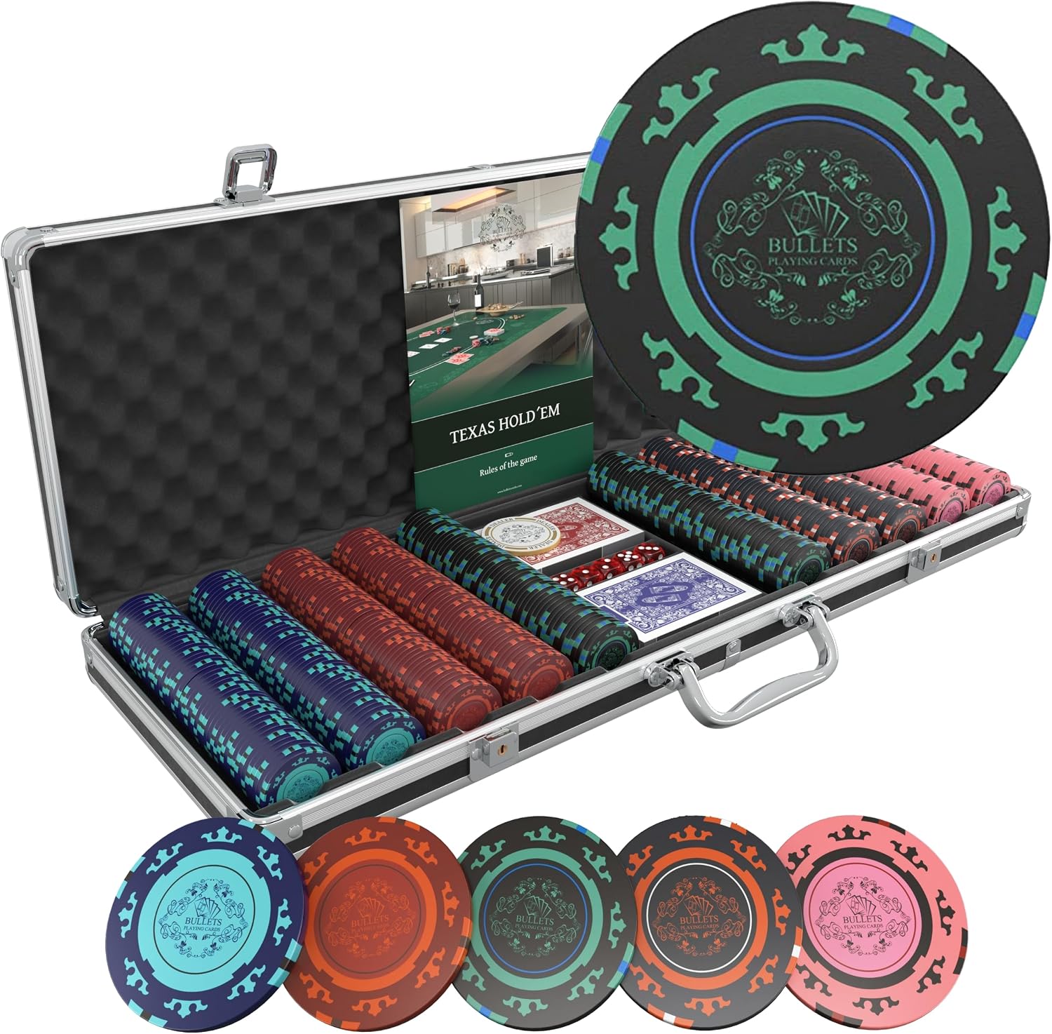 Bullets Playing Cards | Poker Set Corrado | 500 Clay Poker Chips (14 g) with Aluminum Case & Playing Cards – Texas Hold’em