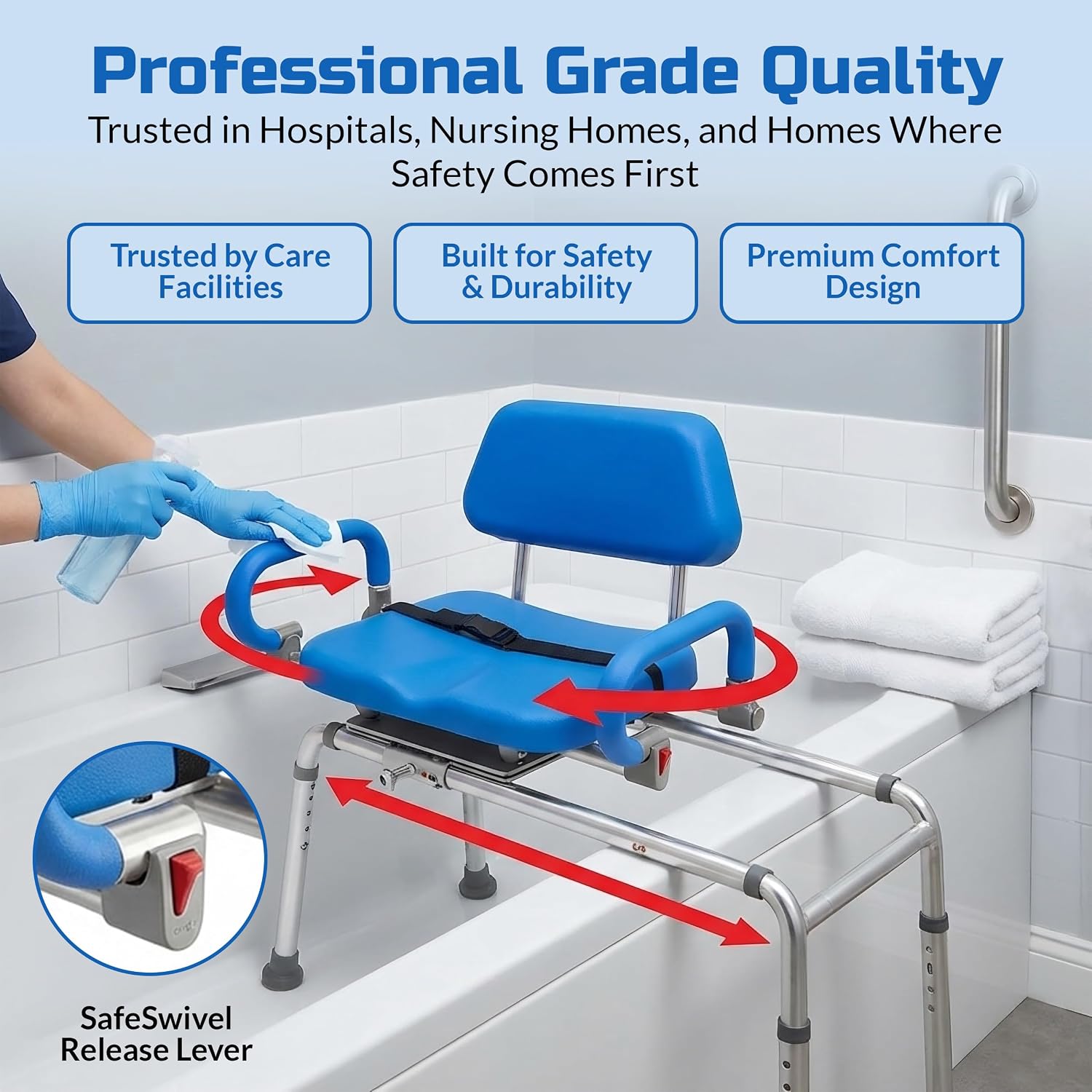 Carousel Sliding Shower Chair Tub Transfer Bench with Swivel Seat Elderly | Slide Safely In & Out of the Tub - Blue, padded seat, padded armrests, swivel seat, backrest, portable, tool-free assembly