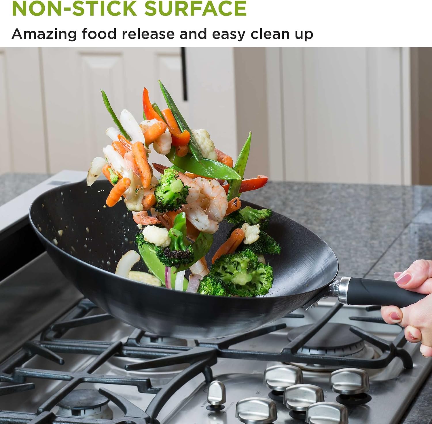 Ecolution Non-Stick Carbon Steel Wok with Soft Touch Riveted Handle, 8",Black