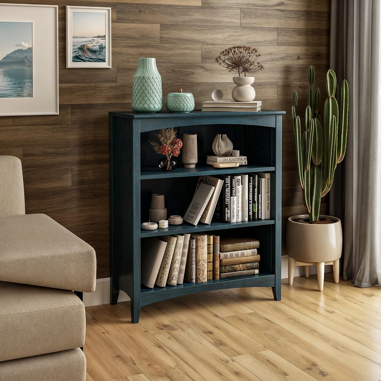 Shaker Style 3 Shelf Bookcase / Solid Wood / 36" High / Adjustable Shelving / Closed Back / Display Bookshelf for Living Room, Bedroom, Home and Office, White