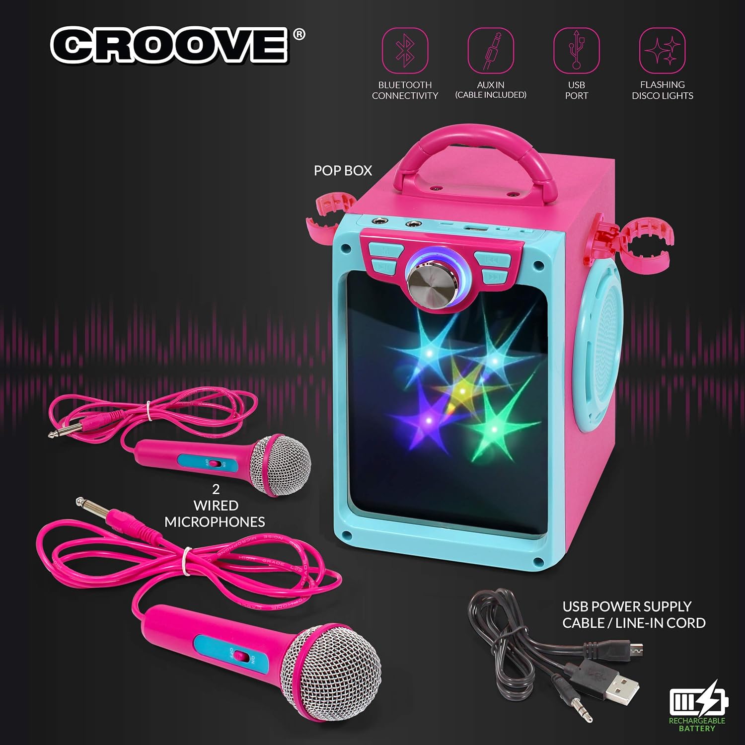 Rechargeable Pink Karaoke Machine, 2 Microphones, Bluetooth, Girls Ages 8+