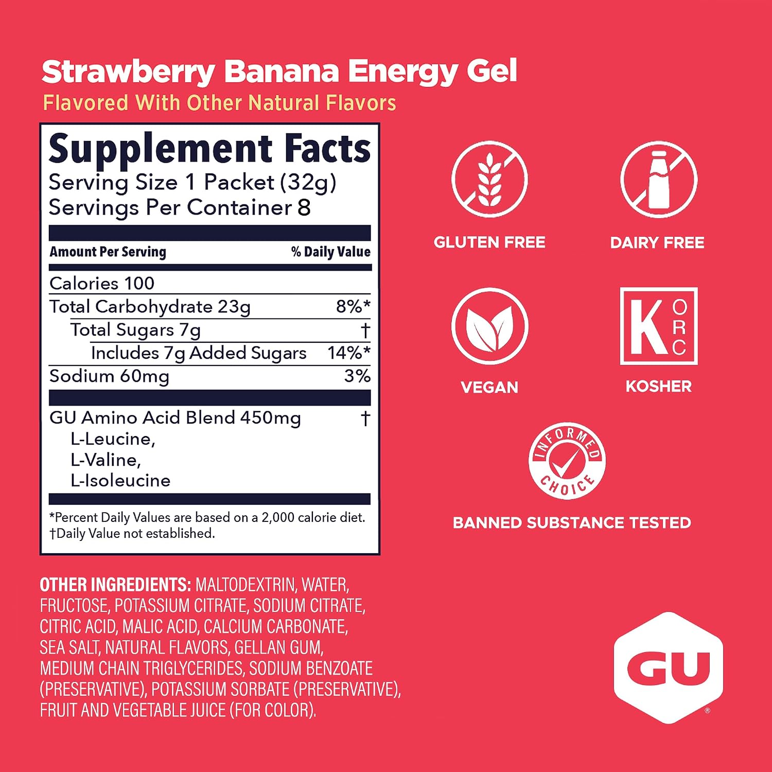 GU Energy Original Sports Nutrition Energy Gel, Vegan and Dairy-Free On-the-Go Energy for Any Workout, Vanilla Bean, 8-Count