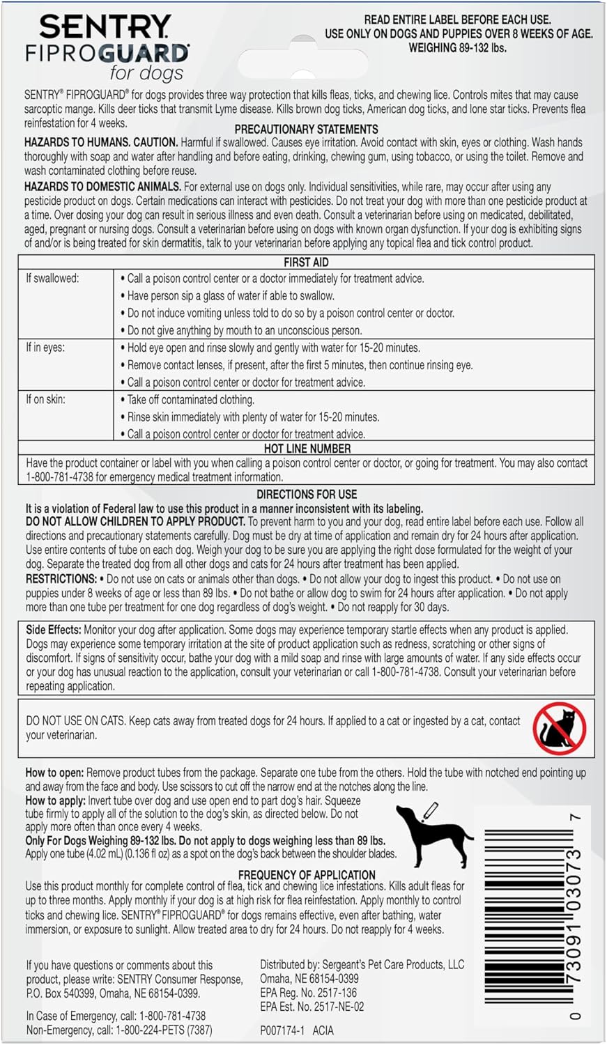 Sentry Fiproguard for Dogs, Flea and Tick Prevention for Dogs (23-44 Pounds), Includes 3 Month Supply of Topical Flea Treatments | Ideal for Medium Dogs 23-44 lbs; Kills Fleas, Ticks & Chewing Lice for 30 Days; 8 weeks+; Vet-Quality OTC Formula