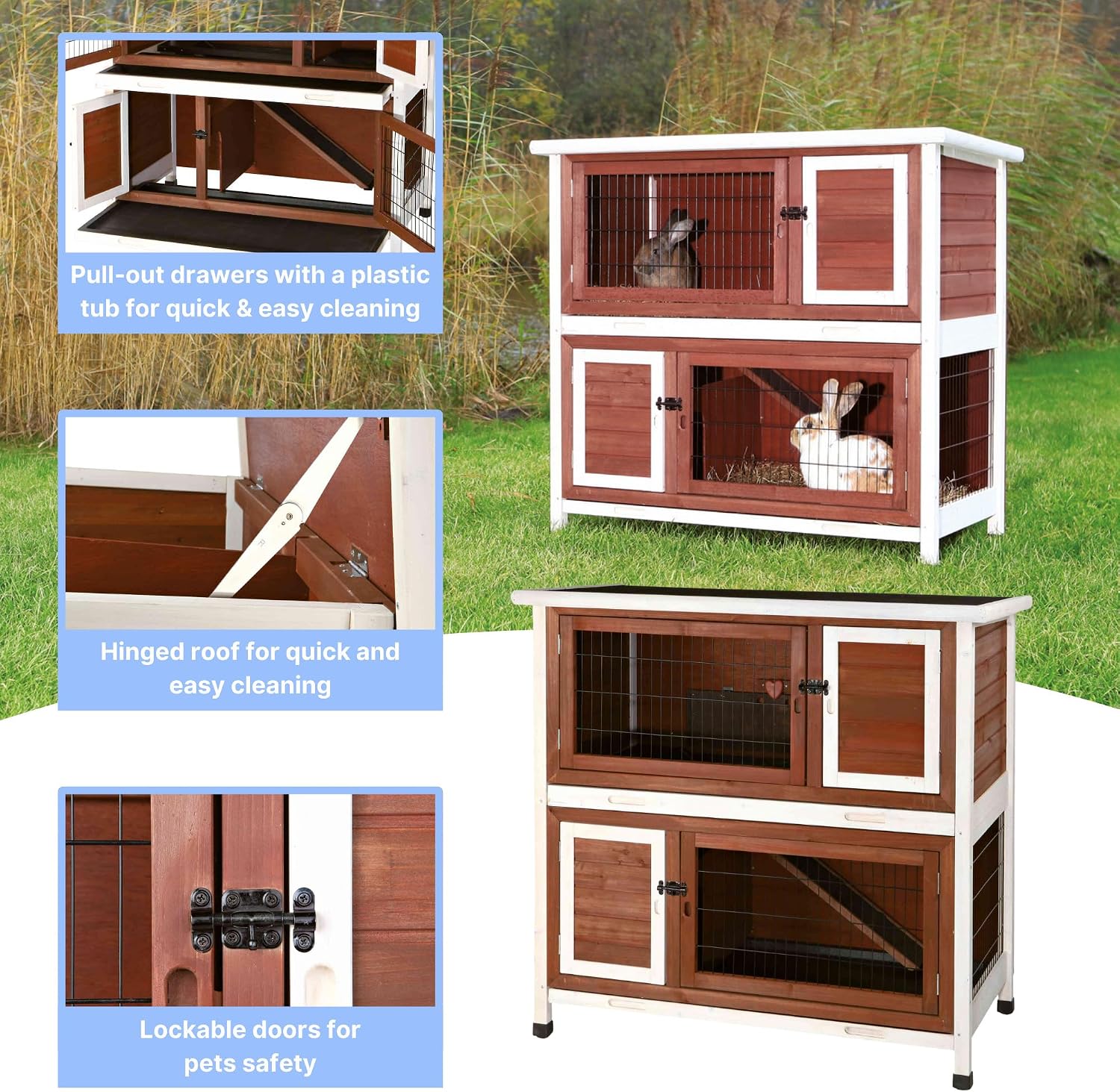 Trixie 2-Story Rabbit Hutch with Retreat Area, Non-Slip Ramp, Hinged Roof with Locking Arm, 4 Doors, 2 Metal Slide Latches, and Pull-Out Trays for Easy Cleaning
