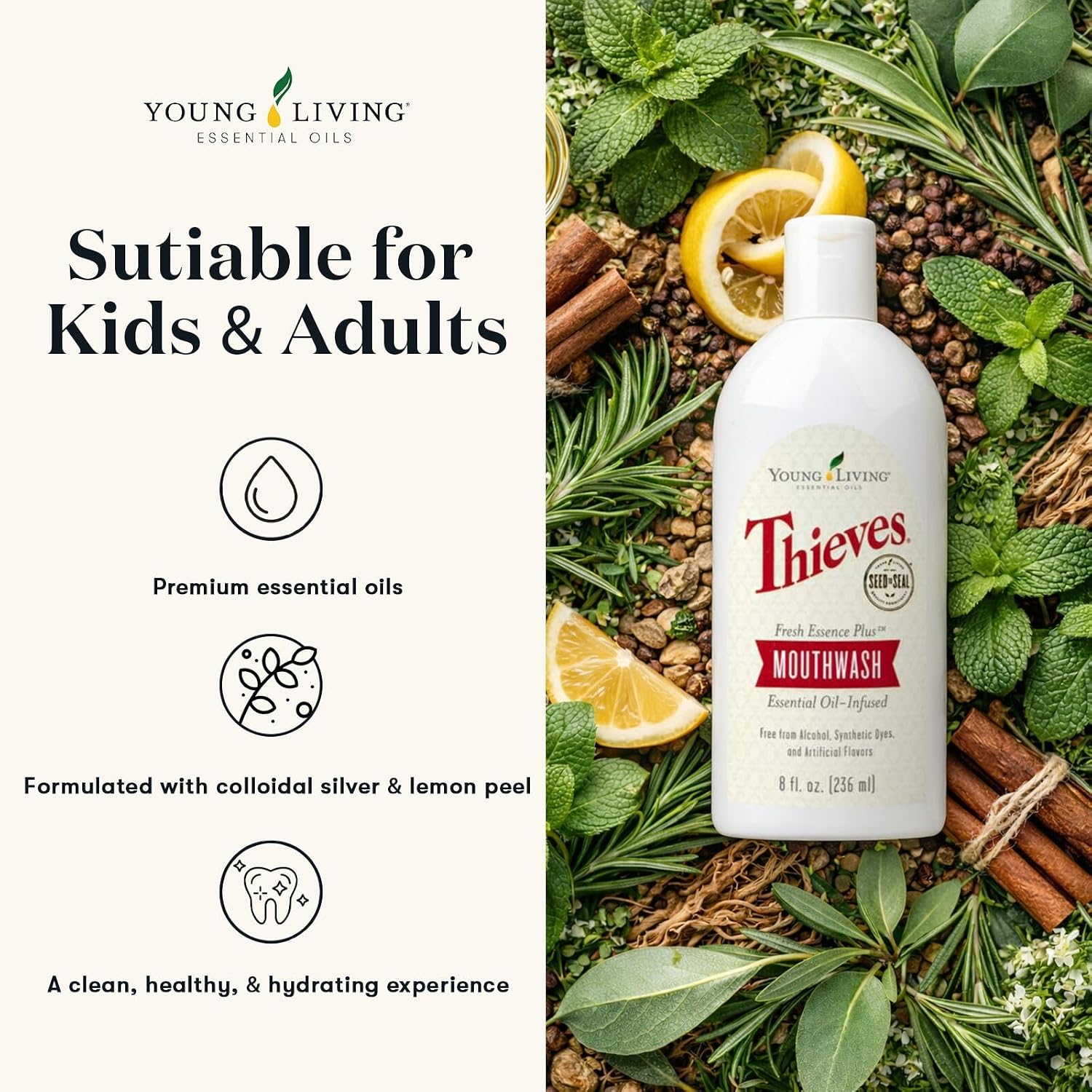 Young Living Thieves Fresh Essence Plus Mouthwash | 8 fl oz | Alcohol-Free and Fluoride-Free | Enhanced with Essential Oils | Peppermint, Rosemary