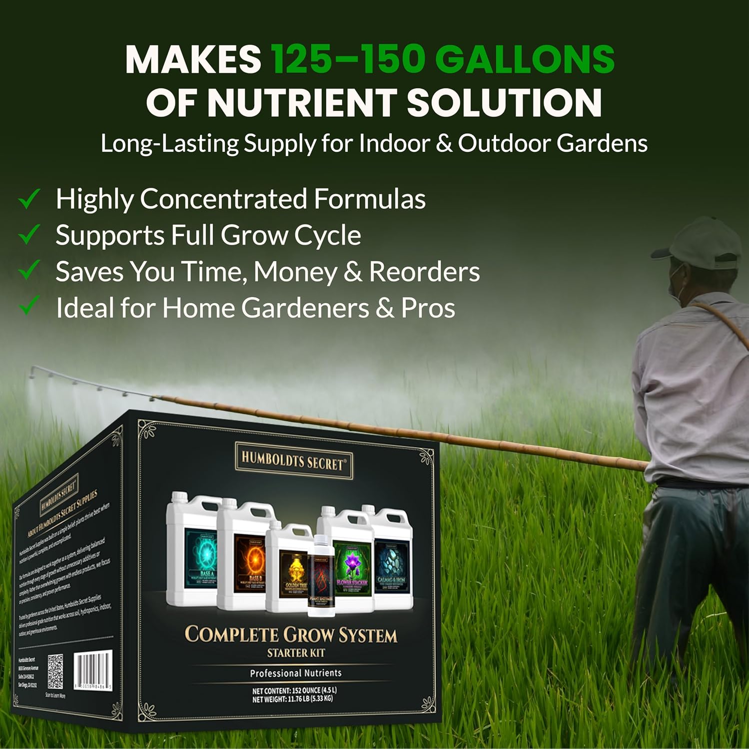 Humboldts Secret Starter Kit Pack | Indoor and Outdoor Plant Fertilizer and Hydroponic Nutrients | Base A & B, CalMag and Iron, Golden Tree, Flower Stacker, Plant Enzymes | Complete Garden System