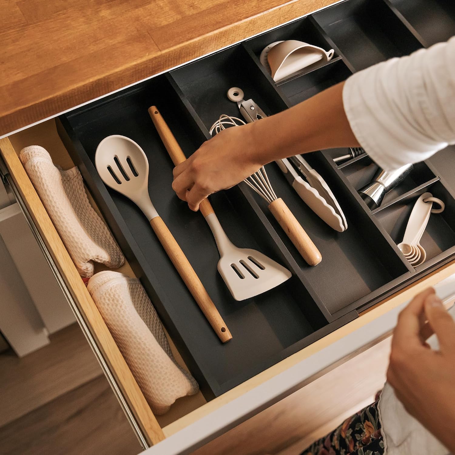 Utensil & Junk Drawer Organizer, 16-28 in, Bamboo | Food-safe contract grade, 100% sustainable wood, non-slip, adjustable